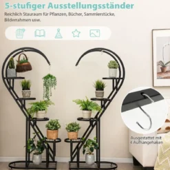 5-stufiger Metall Pflanzenständer Herzförmig Blumenregal mit Haken 71 x 30,5 x 148 cm Schwarz