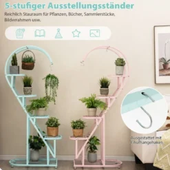 5-stufiger Metall Pflanzenständer Herzförmig Blumenregal mit Haken 71 x 30,5 x 148 cm Rosa und Blau