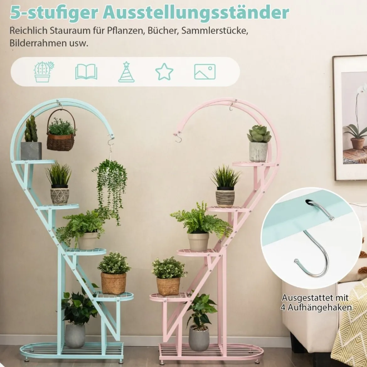 5-stufiger Metall Pflanzenständer Herzförmig Blumenregal mit Haken 71 x 30,5 x 148 cm Rosa und Blau