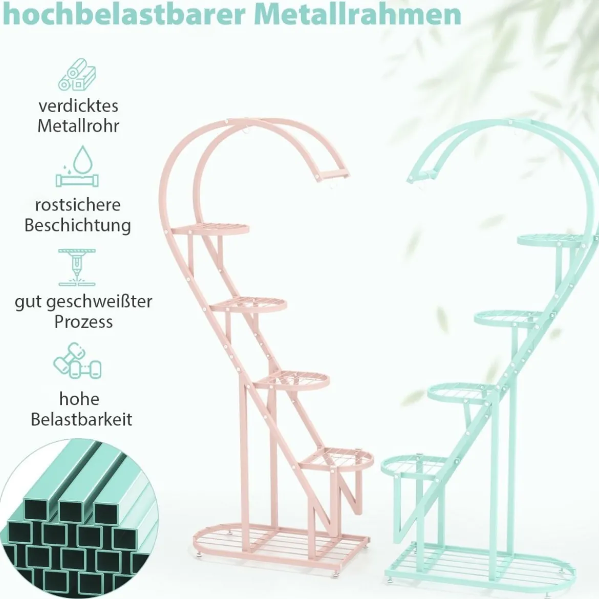 5-stufiger Metall Pflanzenständer Herzförmig Blumenregal mit Haken 71 x 30,5 x 148 cm Rosa und Blau