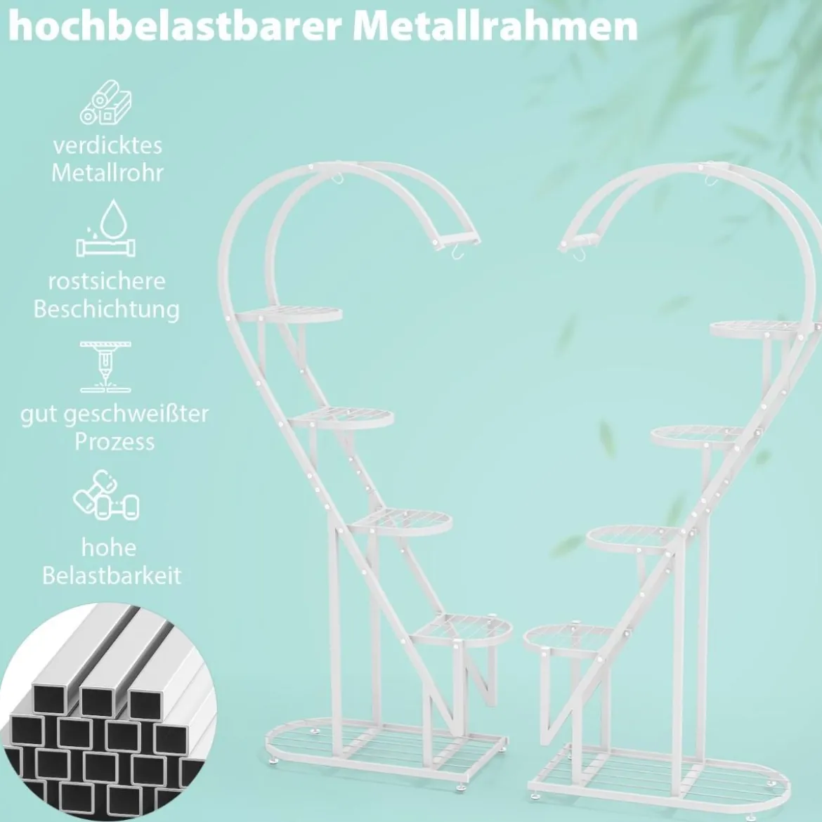 5-stufiger Metall Pflanzenständer Herzförmig Blumenregal mit Haken 71 x 30,5 x 148 cm Weiß