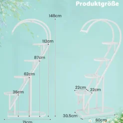 5-stufiger Metall Pflanzenständer Herzförmig Blumenregal mit Haken 71 x 30,5 x 148 cm Weiß
