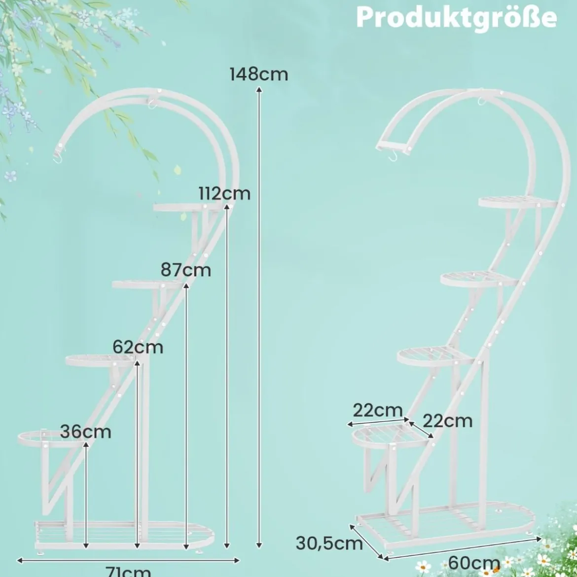 5-stufiger Metall Pflanzenständer Herzförmig Blumenregal mit Haken 71 x 30,5 x 148 cm Weiß