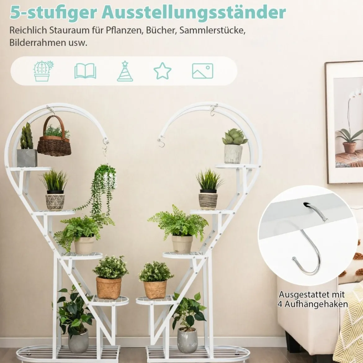 5-stufiger Metall Pflanzenständer Herzförmig Blumenregal mit Haken 71 x 30,5 x 148 cm Weiß