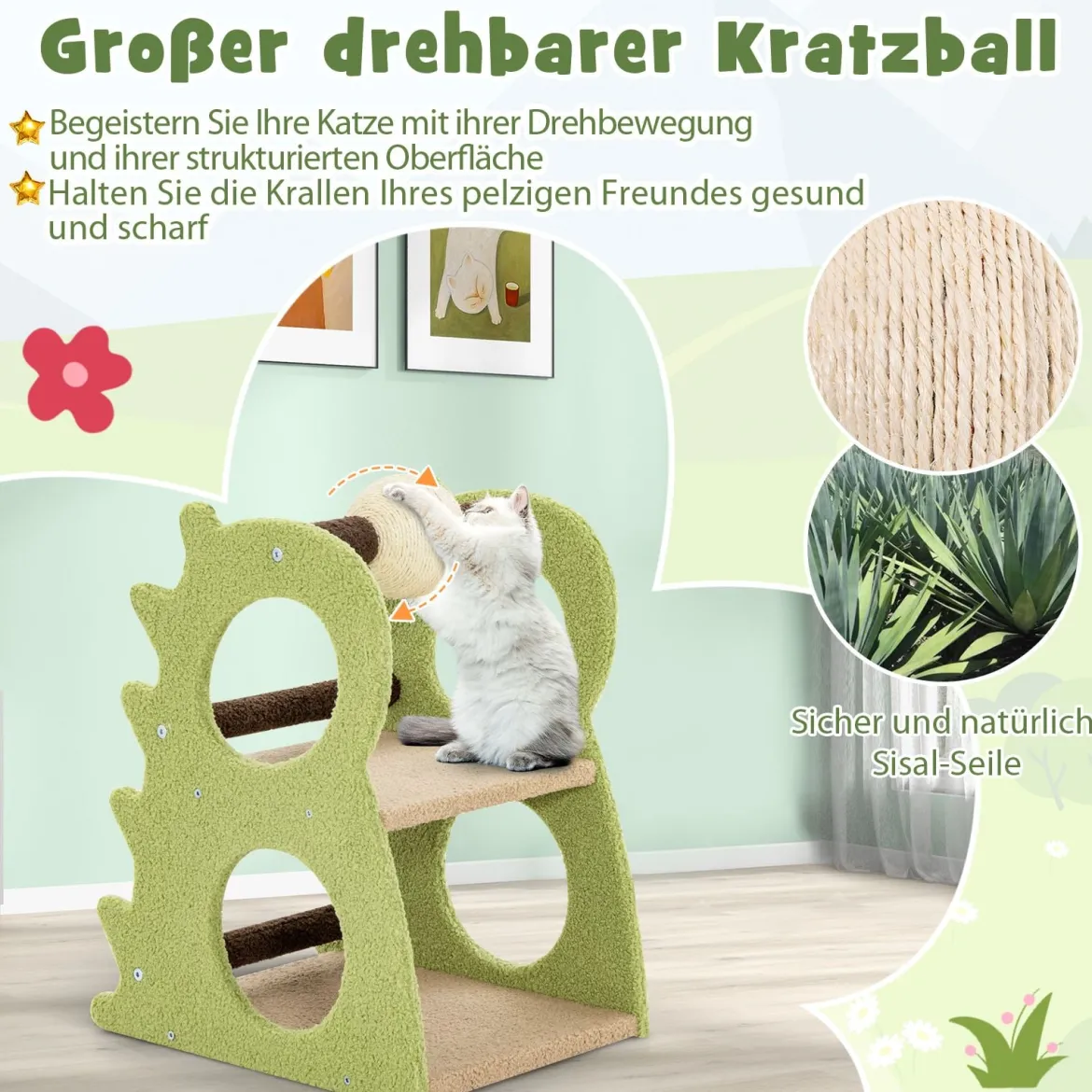 2-stufiger moderner Kratzbaum für Wohnungskatzen niedlicher dinosaurierförmiger Katzenturm Grün