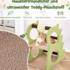 2-stufiger moderner Kratzbaum für Wohnungskatzen niedlicher dinosaurierförmiger Katzenturm Grün