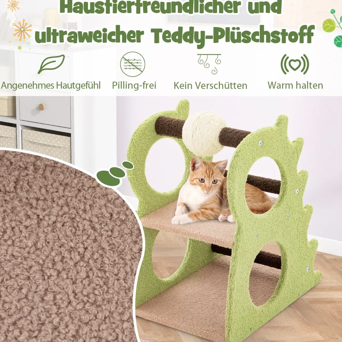 2-stufiger moderner Kratzbaum für Wohnungskatzen niedlicher dinosaurierförmiger Katzenturm Grün
