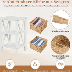 3-stufiger Nachttisch mit 2 Seegraskörben & X-Design Schmaler Beistelltisch 36 x 30 x 57 cm Weiß