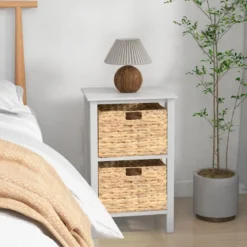 3-stufiger Nachttisch mit 2 Seegraskörben & X-Design Schmaler Beistelltisch 36 x 30 x 57 cm Weiß