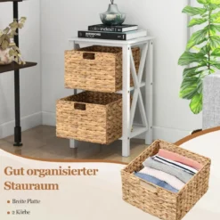 3-stufiger Nachttisch mit 2 Seegraskörben & X-Design Schmaler Beistelltisch 36 x 30 x 57 cm Weiß
