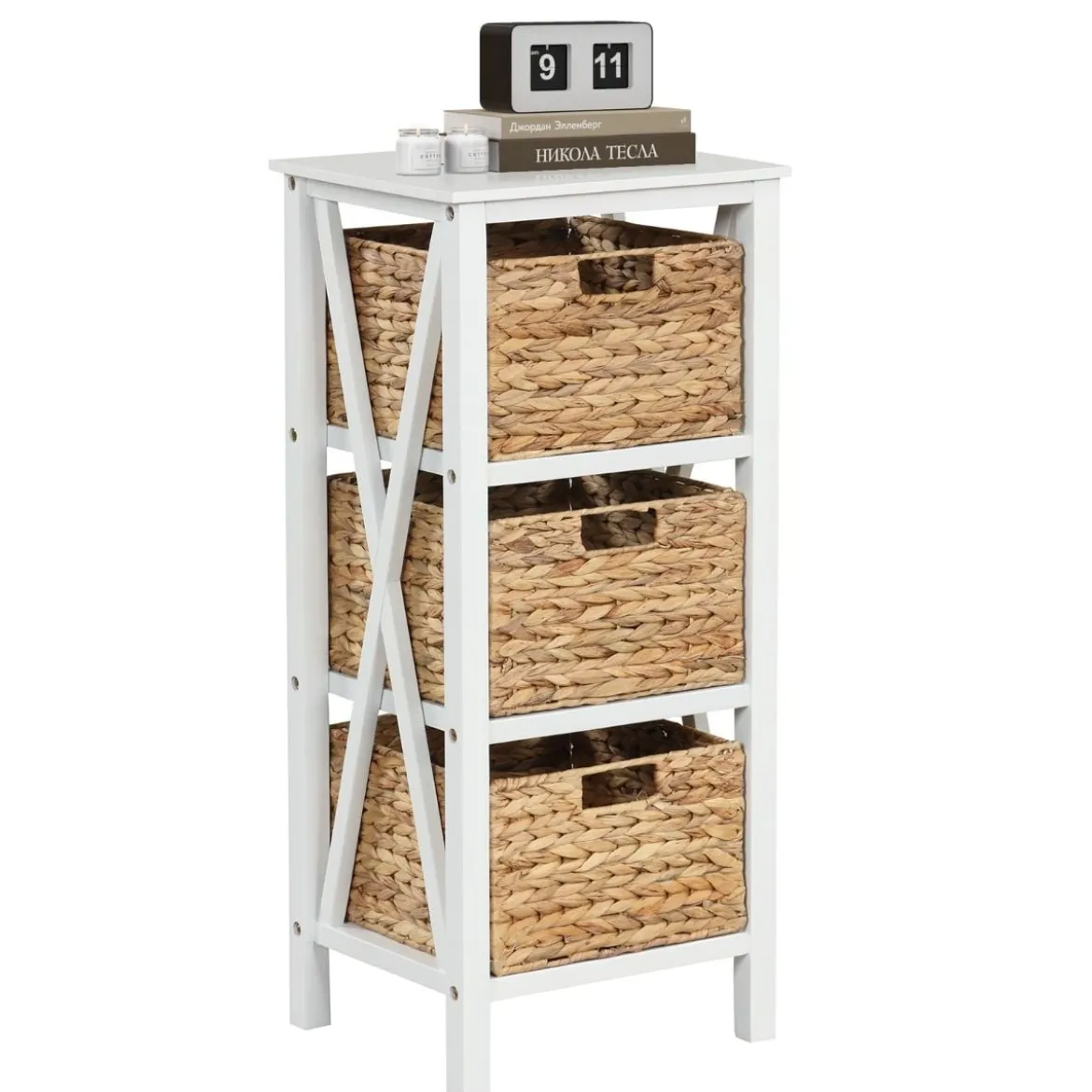4-stufiger Nachttisch mit 3 Seegraskörben & X-Design Schmaler Beistelltisch 36 x 30 x 80 cm Weiß