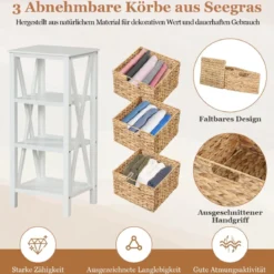 4-stufiger Nachttisch mit 3 Seegraskörben & X-Design Schmaler Beistelltisch 36 x 30 x 80 cm Weiß