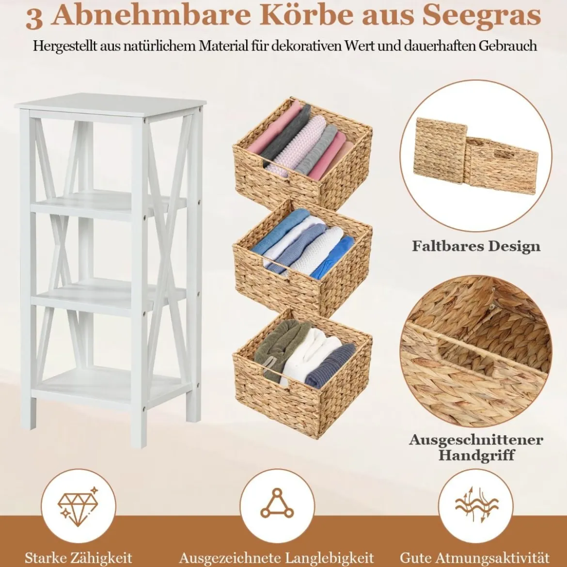 4-stufiger Nachttisch mit 3 Seegraskörben & X-Design Schmaler Beistelltisch 36 x 30 x 80 cm Weiß