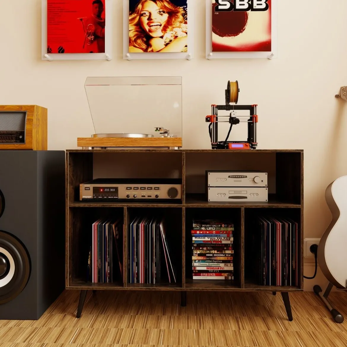 3-stufiger Plattenspielerständer mit Ladestation & Vinyl Aufbewahrungsregalen Braun