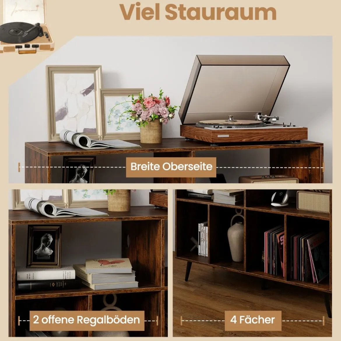 3-stufiger Plattenspielerständer mit Ladestation & Vinyl Aufbewahrungsregalen Braun
