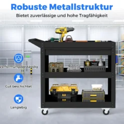 3-stufiger Rollender Werkzeugwagen mit Großer Schublade & 2 Lochplatten & 8 Haken Werkzeugorganizer