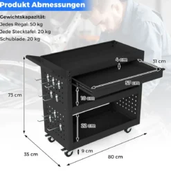 3-stufiger Rollender Werkzeugwagen mit Großer Schublade & 2 Lochplatten & 8 Haken Werkzeugorganizer