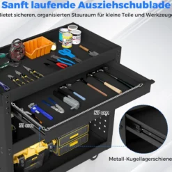 3-stufiger Rollender Werkzeugwagen mit Großer Schublade & 2 Lochplatten & 8 Haken Werkzeugorganizer
