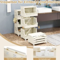 4-stufiger Rollender Wäschekorb mit Griffen & Haken Stapelbarer Kunststoff-Aufbewahrungswagen
