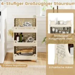 4-stufiger Rollender Wäschekorb mit Griffen & Haken Stapelbarer Kunststoff-Aufbewahrungswagen