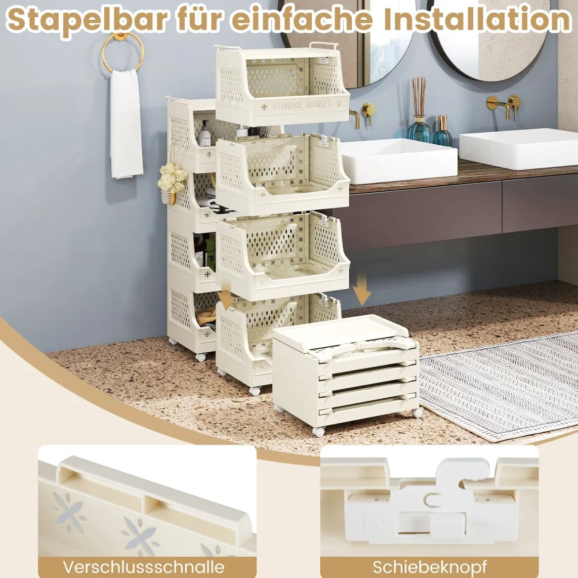 5-stufiger Rollender Wäschekorb mit Griffen & Haken Stapelbarer Kunststoff-Aufbewahrungswagen