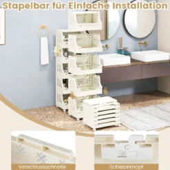 6-stufiger Rollender Wäschekorb mit Griffen & Haken Stapelbarer Kunststoff Aufbewahrungswagen