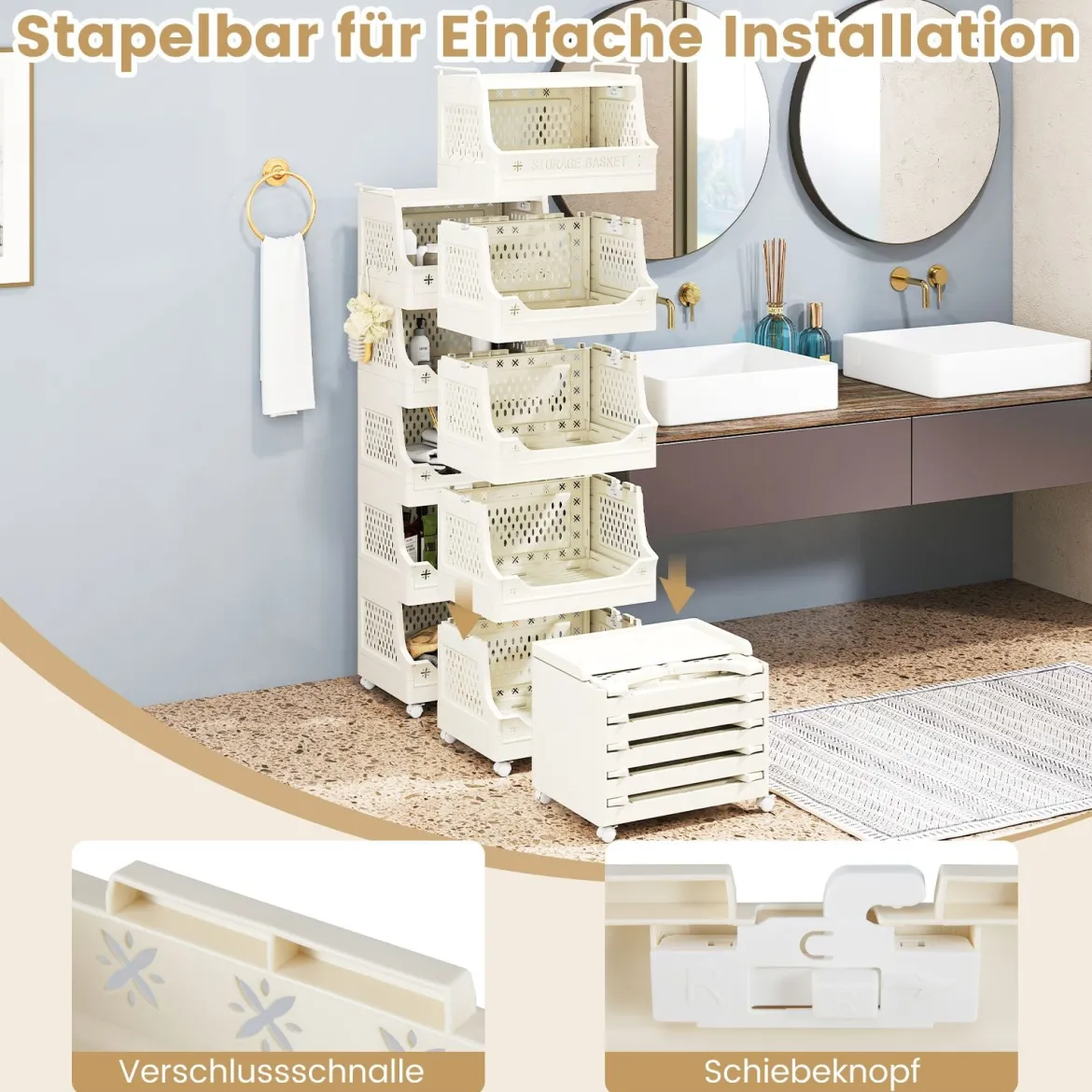 6-stufiger Rollender Wäschekorb mit Griffen & Haken Stapelbarer Kunststoff Aufbewahrungswagen