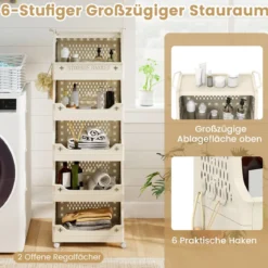 6-stufiger Rollender Wäschekorb mit Griffen & Haken Stapelbarer Kunststoff Aufbewahrungswagen