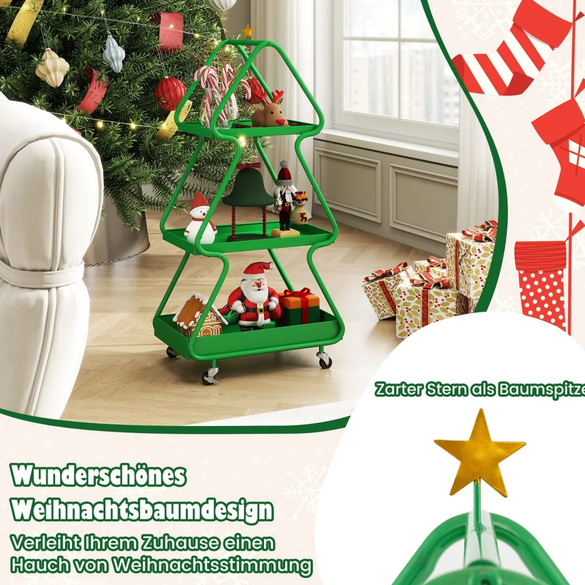 3-stufiger Servierwagen in Weihnachtsbaum-from Rollwagen mit Stern Küchenwagen auf Rollen