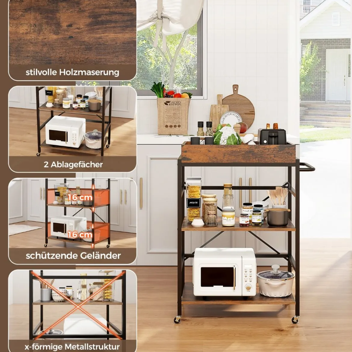 3 stufiger Servierwagen Küchenwagen mit abnehmbarem Tablett & Griff 73 x 40 x 94 cm Braun+Schwarz