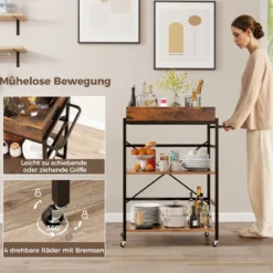 3 stufiger Servierwagen Küchenwagen mit abnehmbarem Tablett & Griff 73 x 40 x 94 cm Braun+Schwarz