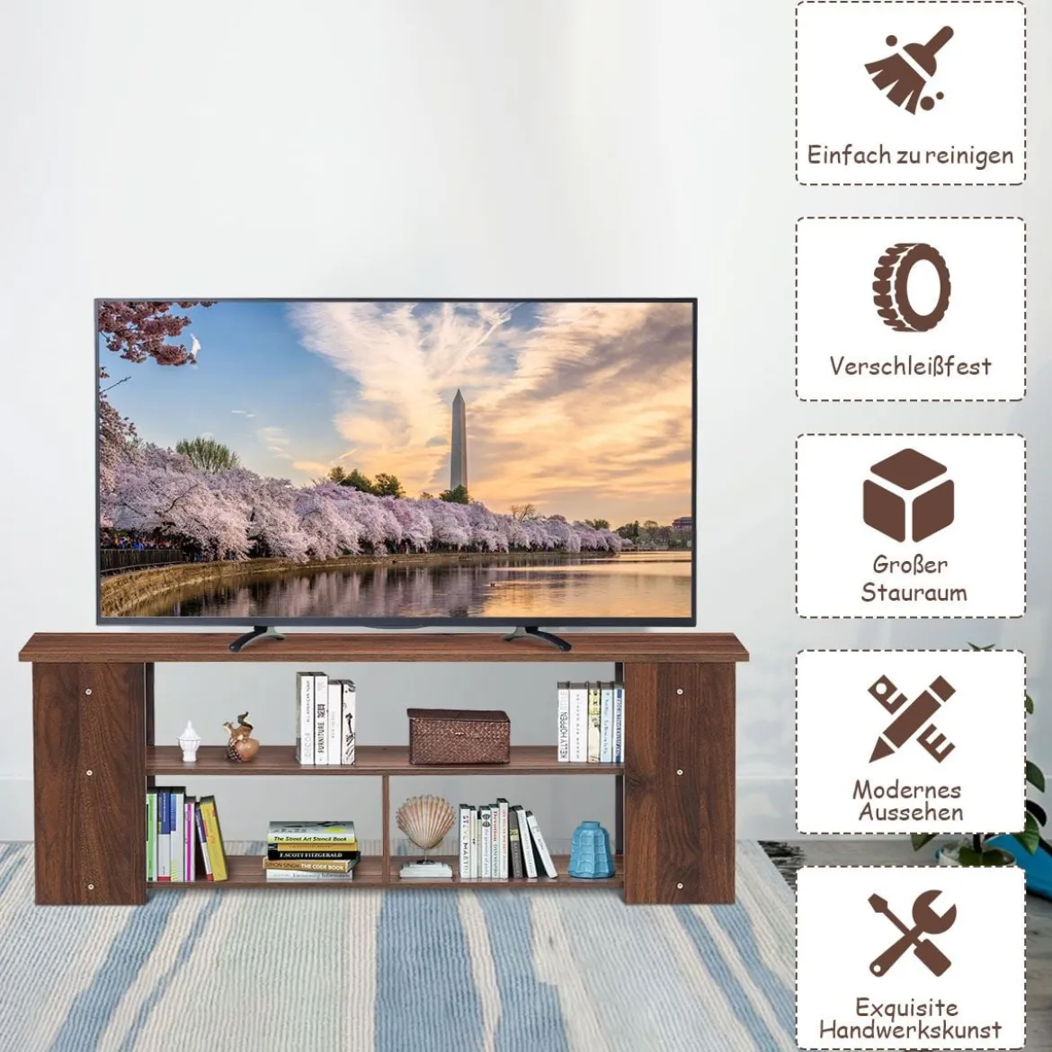 3-stufiger TV Schrank mit Massivholzrahmen & Offenen Ablagefächern 110 cm Breit Kaffee