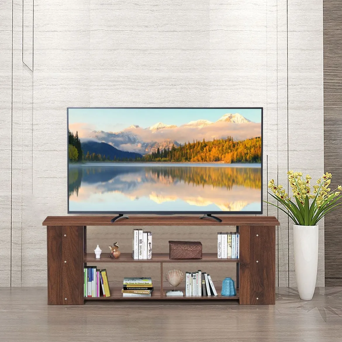 3-stufiger TV Schrank mit Massivholzrahmen & Offenen Ablagefächern 110 cm Breit Kaffee
