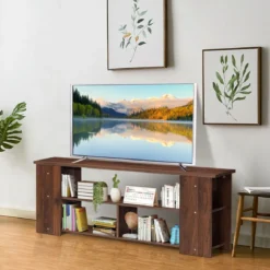 3-stufiger TV Schrank mit Massivholzrahmen & Offenen Ablagefächern 110 cm Breit Kaffee