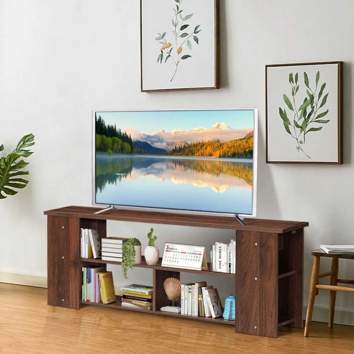 3-stufiger TV Schrank mit Massivholzrahmen & Offenen Ablagefächern 110 cm Breit Kaffee