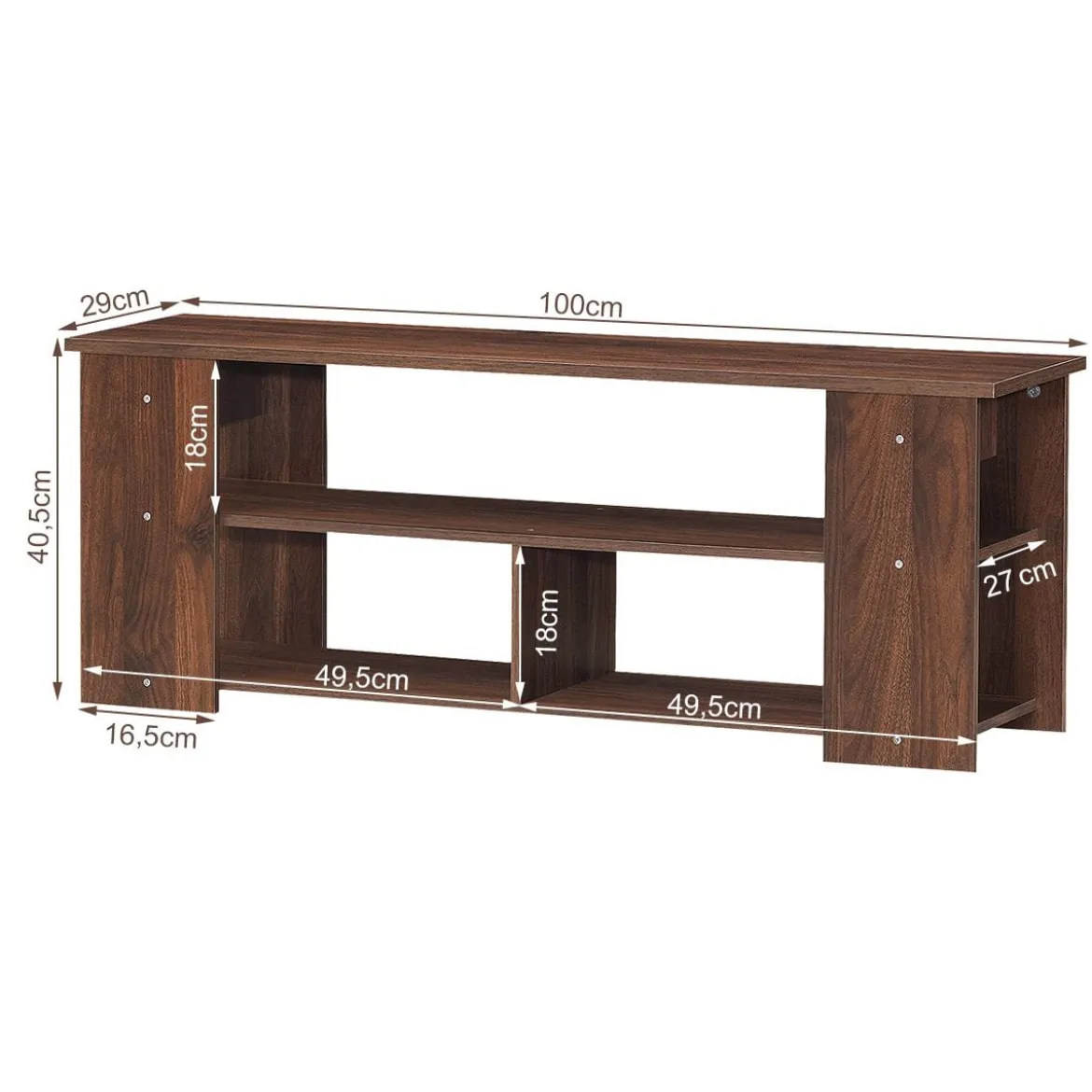 3-stufiger TV Schrank mit Massivholzrahmen & Offenen Ablagefächern 110 cm Breit Kaffee