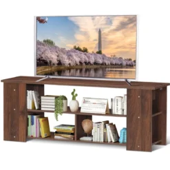 3-stufiger TV Schrank mit Massivholzrahmen & Offenen Ablagefächern 110 cm Breit Kaffee