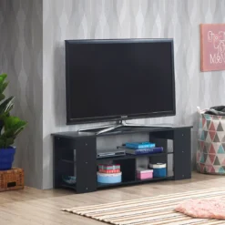 3-Stufiger TV Schrank mit Massivholzrahmen & Offenen Ablagefächern 110 cm Breit Schwarz