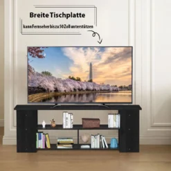 3-Stufiger TV Schrank mit Massivholzrahmen & Offenen Ablagefächern 110 cm Breit Schwarz