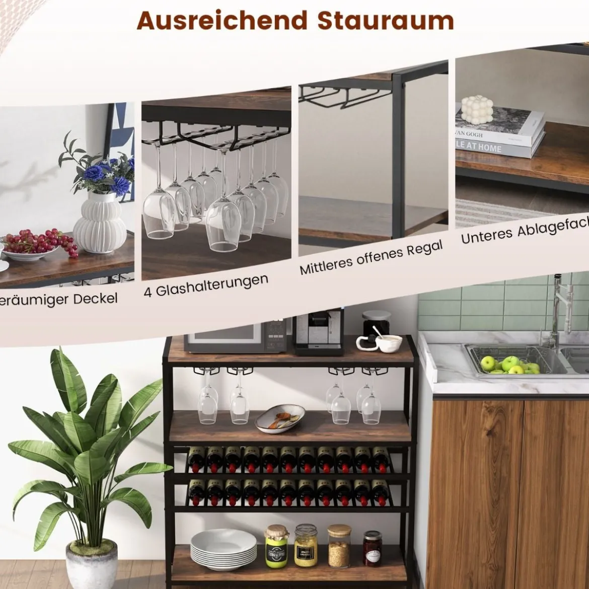 5-stufiger Weinregal mit Glashalter & Regalen Freistehender Flaschenregal Rustikales Braun