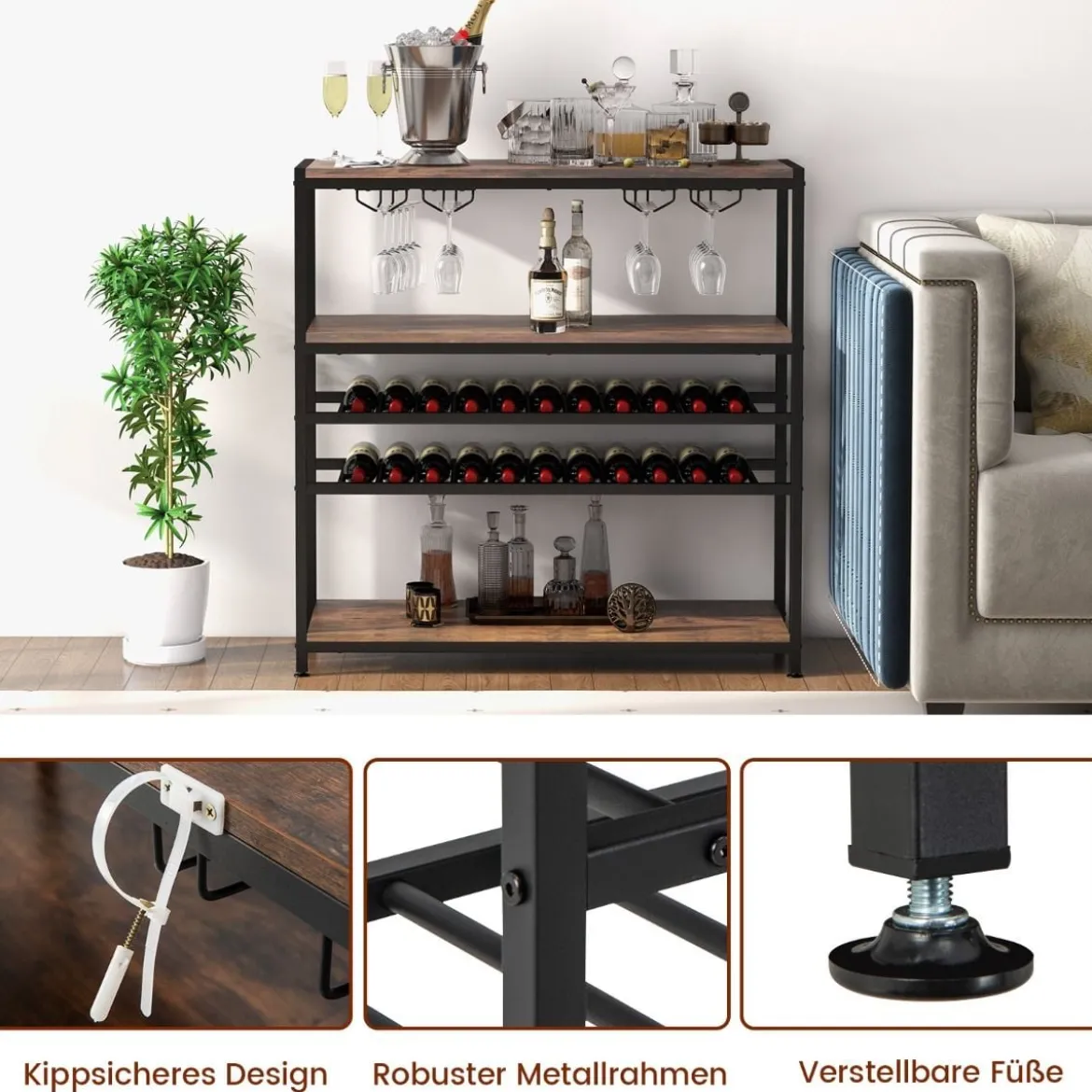 5-stufiger Weinregal mit Glashalter & Regalen Freistehender Flaschenregal Rustikales Braun