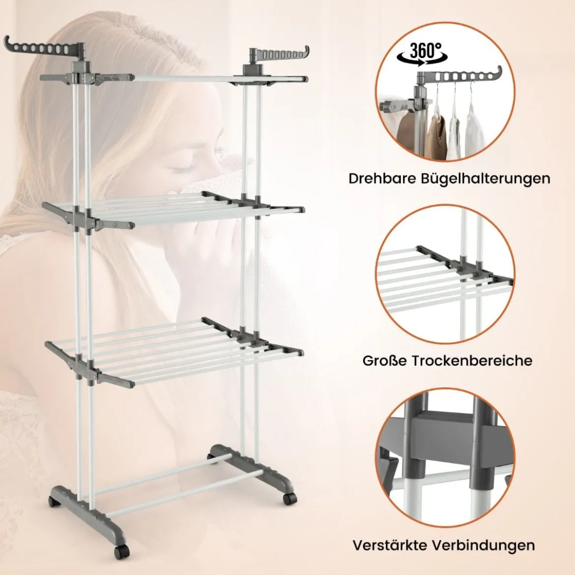 3-stufiger Wäscheständer zusammenklappbarer Wäschetrockner 127 x 63 x 171 cm Grau