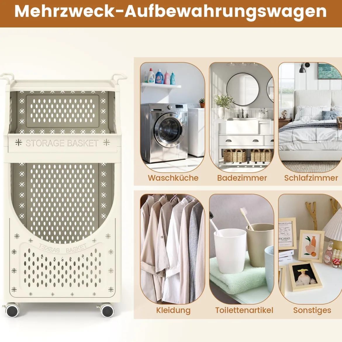 3-stufiger Wäschewagen faltbarer Wäschesack mit feststellbaren Rollen Korb 6 Haken Beige