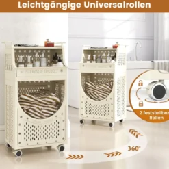3-stufiger Wäschewagen faltbarer Wäschesack mit feststellbaren Rollen Korb 6 Haken Beige