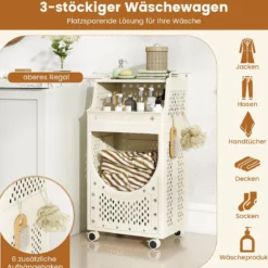 3-stufiger Wäschewagen faltbarer Wäschesack mit feststellbaren Rollen Korb 6 Haken Beige