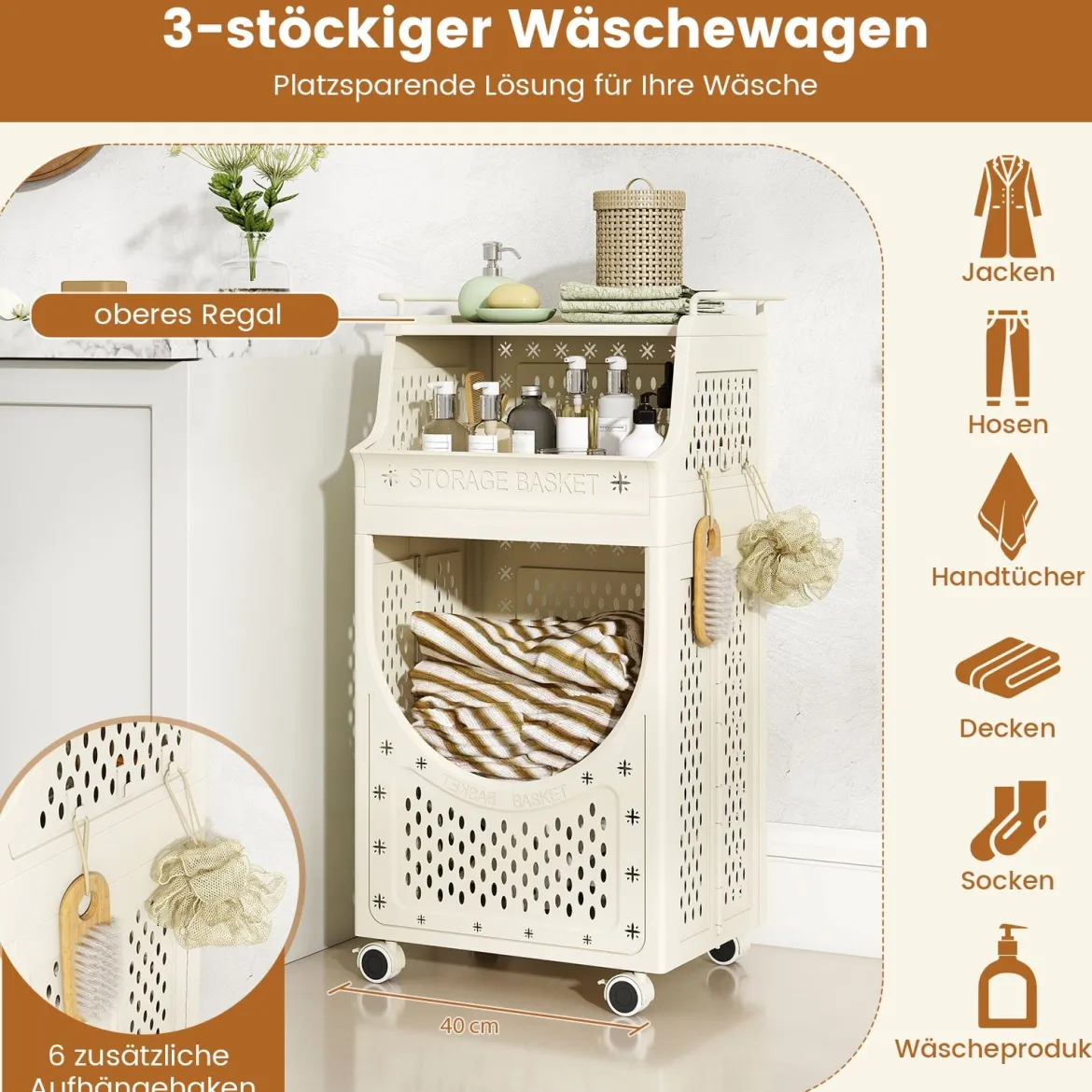 3-stufiger Wäschewagen faltbarer Wäschesack mit feststellbaren Rollen Korb 6 Haken Beige
