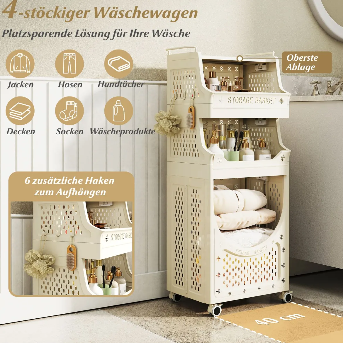 4-stufiger Wäschewagen faltbarer Wäschekorb mit abschließbaren Rollen 2 Körbe 6 Haken Beige