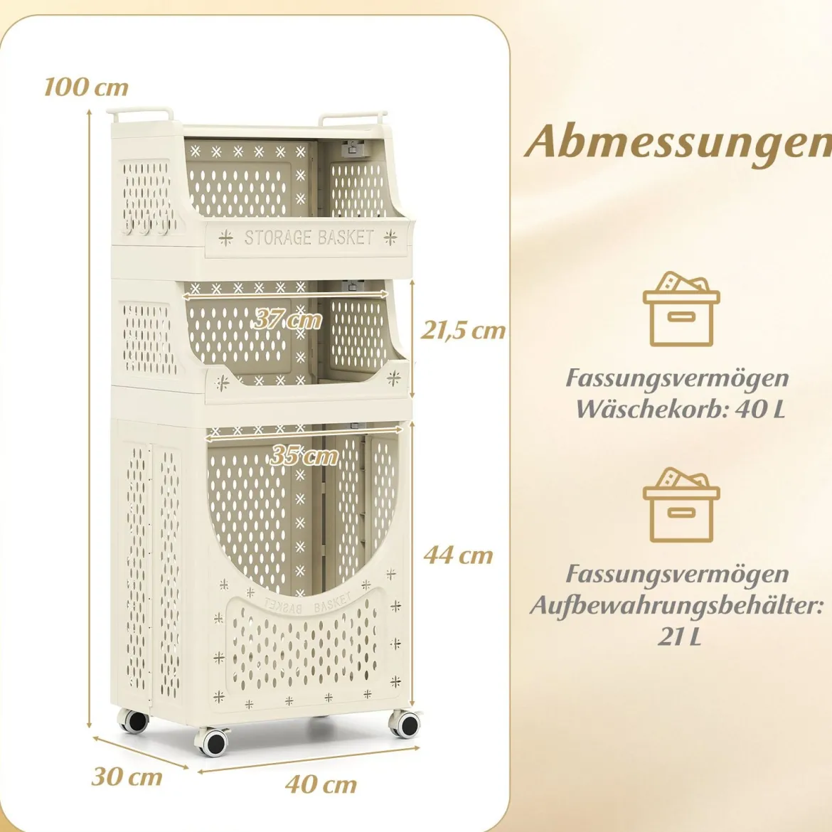 4-stufiger Wäschewagen faltbarer Wäschekorb mit abschließbaren Rollen 2 Körbe 6 Haken Beige