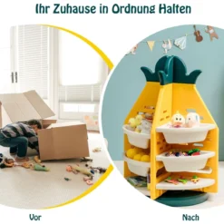 3-stufiges Ananas-Spielzeugregal Drehbare Spielzeugaufbewahrung 74 x 74 x 106 cm Gelb