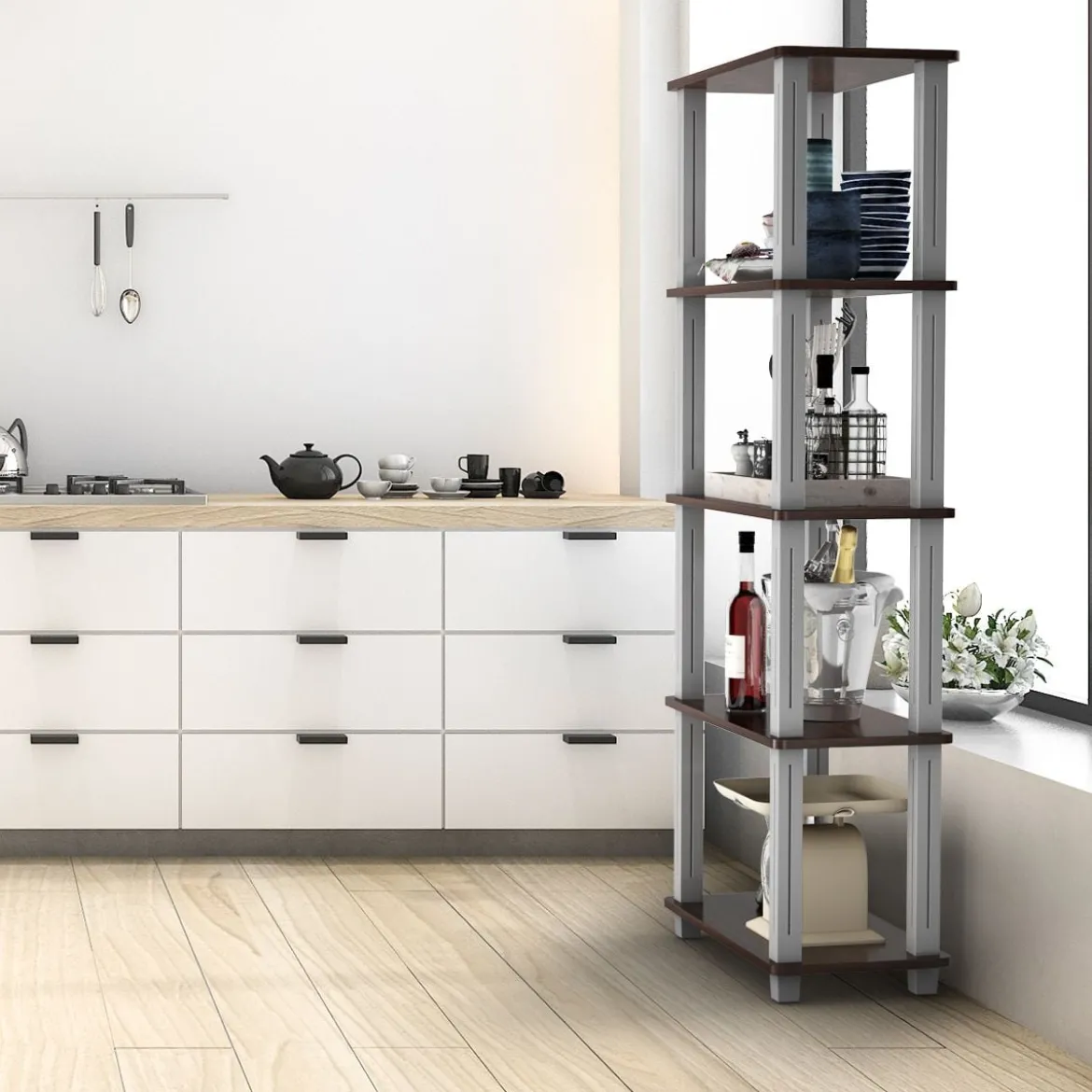 5-stufiges Aufbewahrungsregal mit flachen offenen Regalen Multifunktionales Regal Braun
